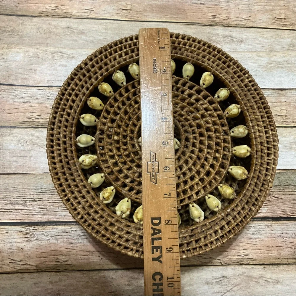 Hand Made 9.5”Round Covered Basket withh Yellow Cowrie Shells from Virgin Island